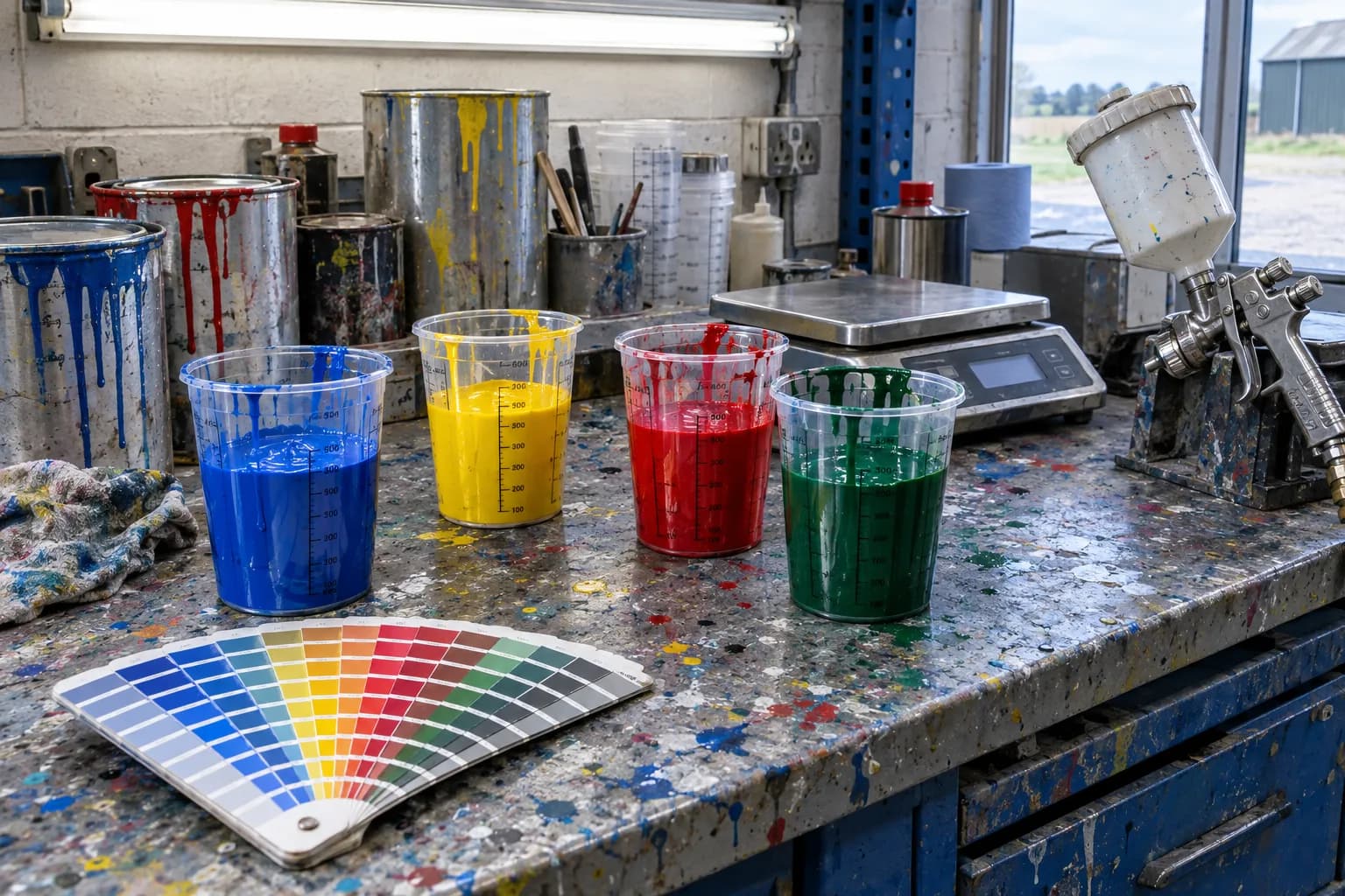 Illustration: four measuring cups of blue, yellow, red and green paint on a splattered mixing bench beside a fan of colour swatches and a spray gun