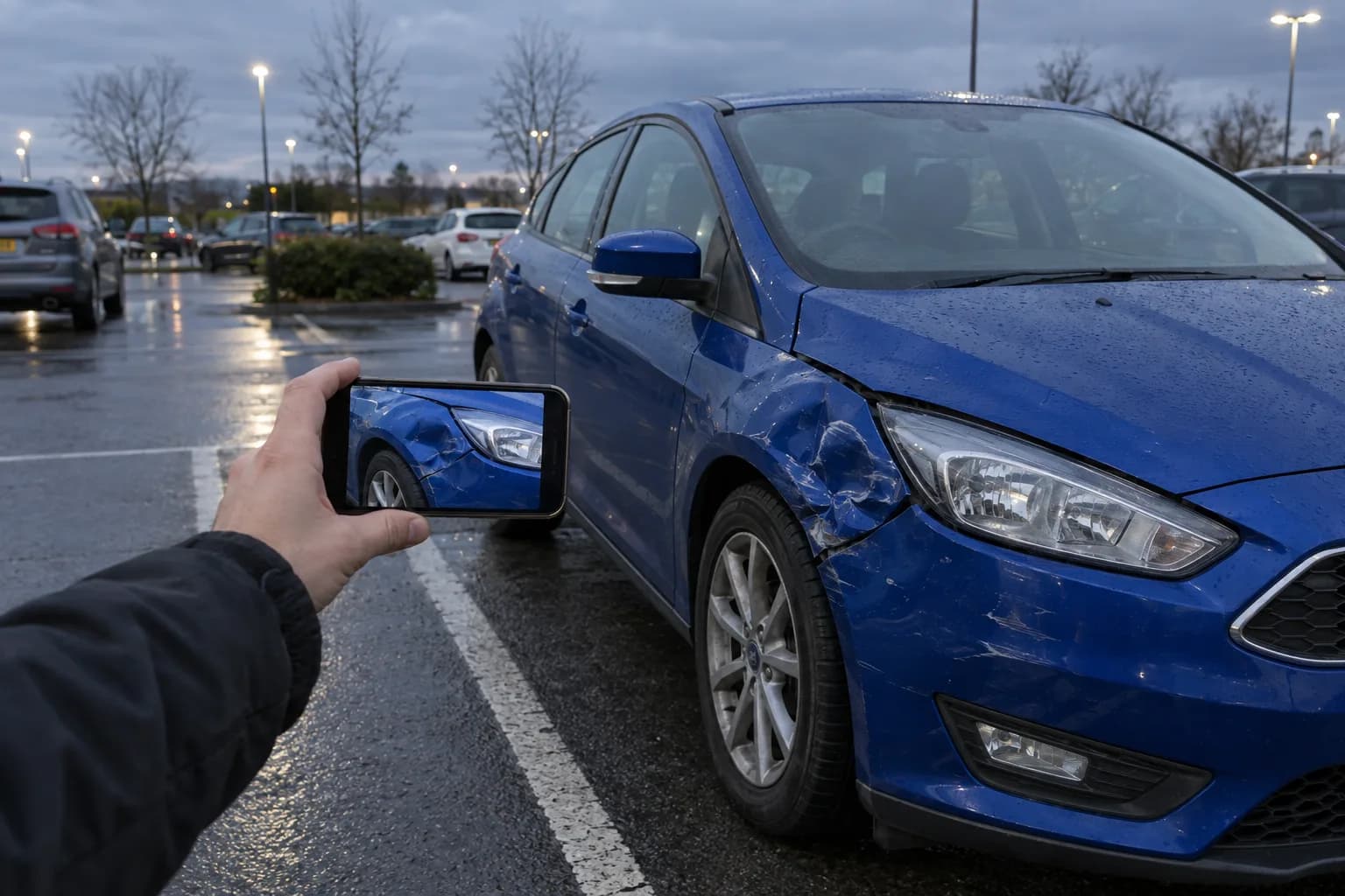 Illustration: a hand holding up a phone to photograph the dented front wing of a blue hatchback in a wet car park at dusk